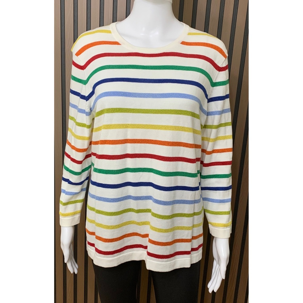 Brooks Brothers Rainbow Stripe Metallic Knit Top XL Long Sleeve Crew Sweater
